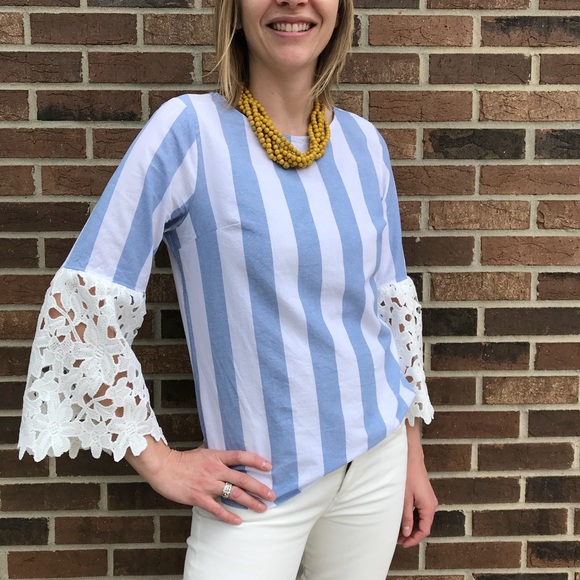 Lace Bell Sleeve Cotton Stripe Top - Picture 3 of 6